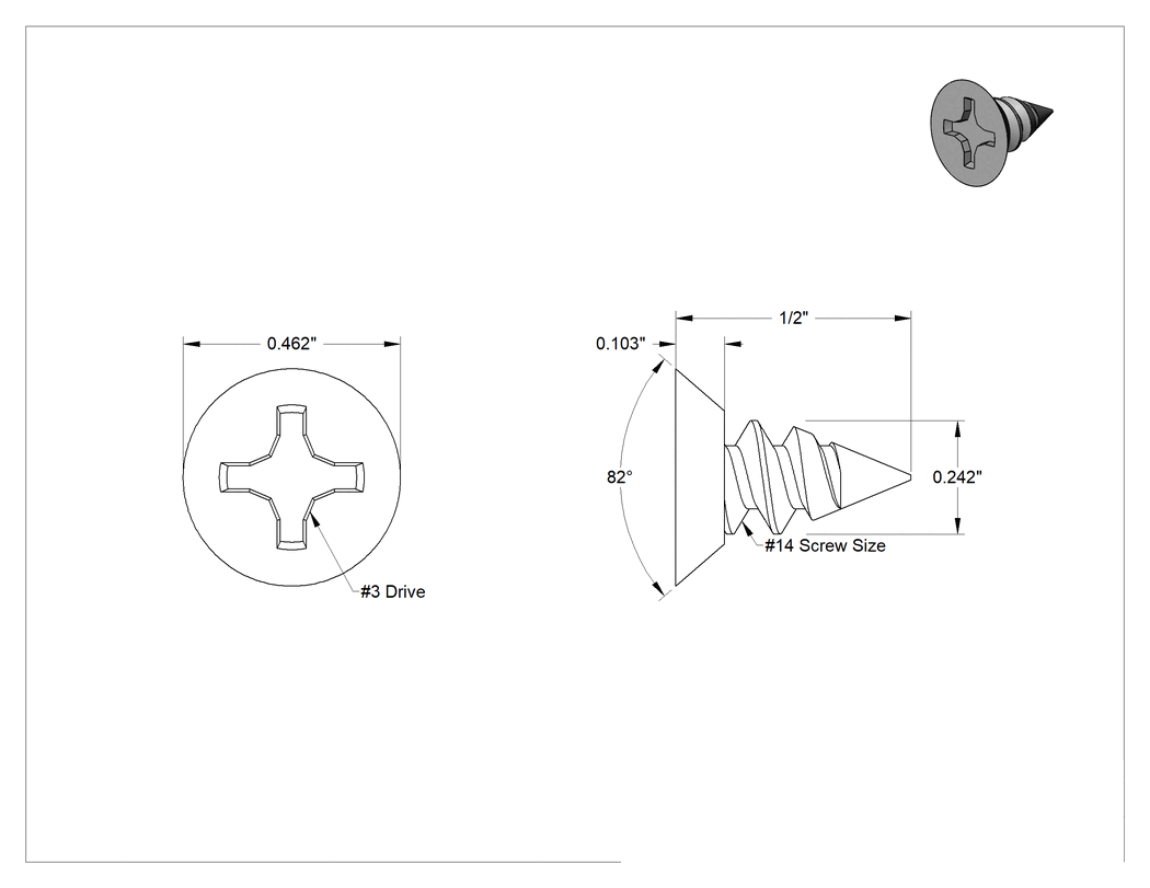 Teknik Çizim - Çinko Kaplı Çelik Phillips Havşa Başlı Vidalar, Sac Metal için, 14 Numaralı Boyut, 1/2" Uzunluk