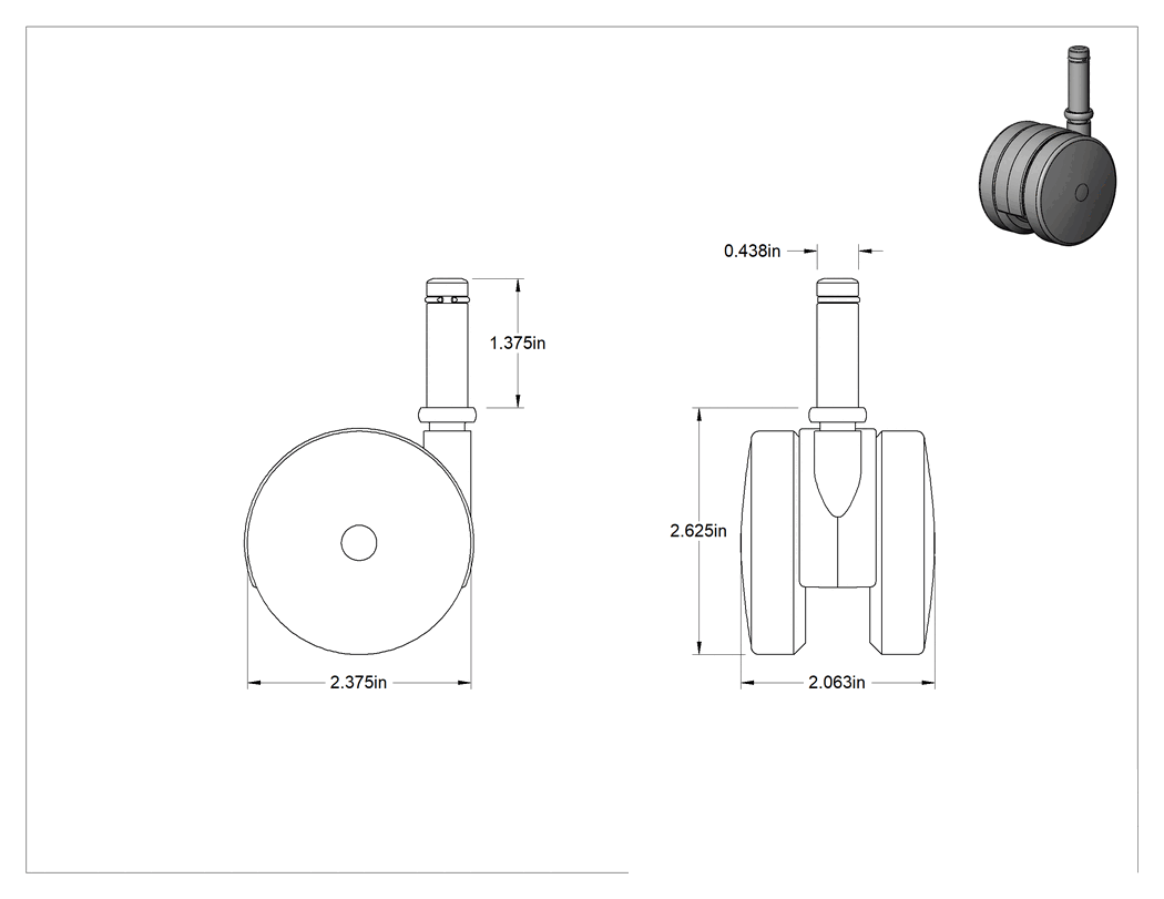 Teknik Çizim - Mobilya için Hafif Hizmet Tipi Döner Tekerlek, 1-3/8" Uzunlukta Segman Sapı ve 2-3/8" Çapında Geniş Naylon Tekerlek