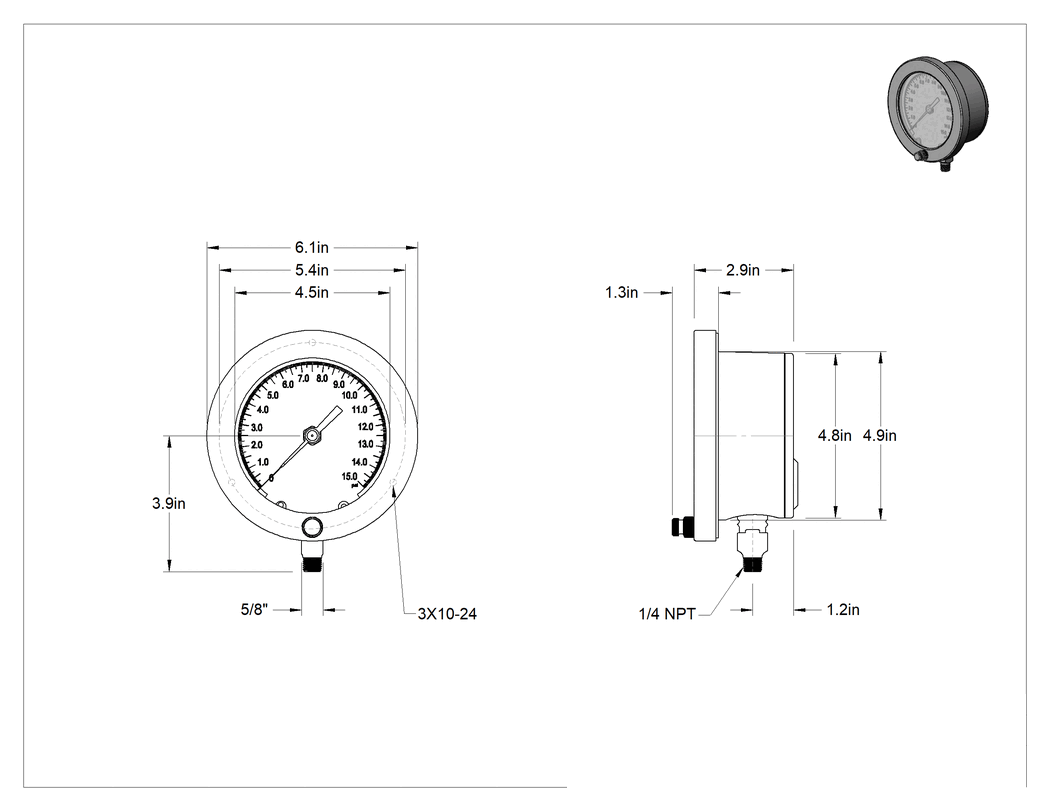 Teknik Çizim - Alüminyum Kılıflı Yüksek Hassasiyetli Basınç Test Göstergesi, Pirinç Bağlantı, Sertifikalı, 1/4 NPT Erkek, 4-1/2" Kadran, 0-15 PSI
