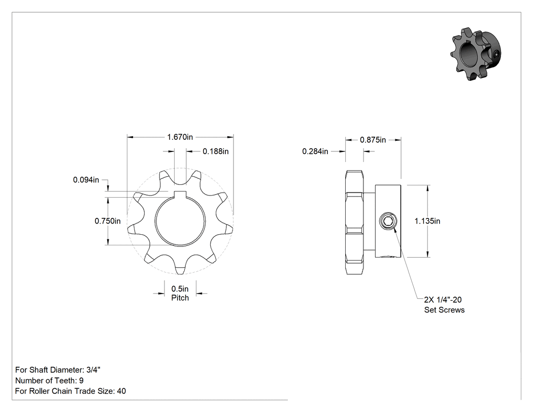 Teknik Çizim - Çelik Tek Sıralı Dişli, ANSI 40 Makaralı Zincir ve 3/4" Mil Çapı için, 9 Diş