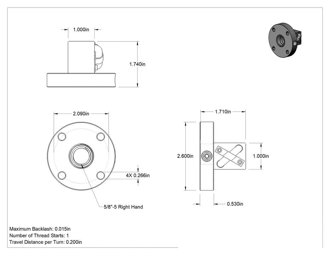 Teknik Çizim - Bilyalı Vida, Flanşlı Top Somun, 5/8"-5 Sağ Diş Boyutu, 1-47/64" Uzunluk