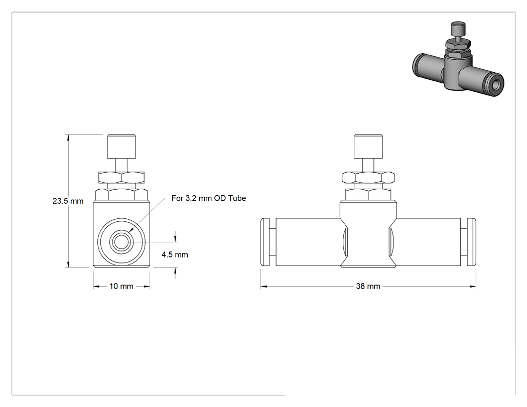 Teknik Çizim - Paslanma ve Aşınmaya Dayanıklı Hava Akış Kontrol Vanası, Hat Üstü, 3.2 mm Bas-Bağlan Giriş x Çıkış, 0.1 Cv