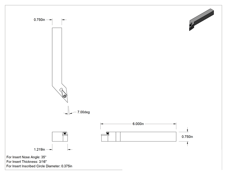 Teknik Çizim - Döner Karbür Uç Tutucu, Svjc, Sağ Yönlü, 3/8" iç çember çapı için, 3/4" Şaft Genişliği