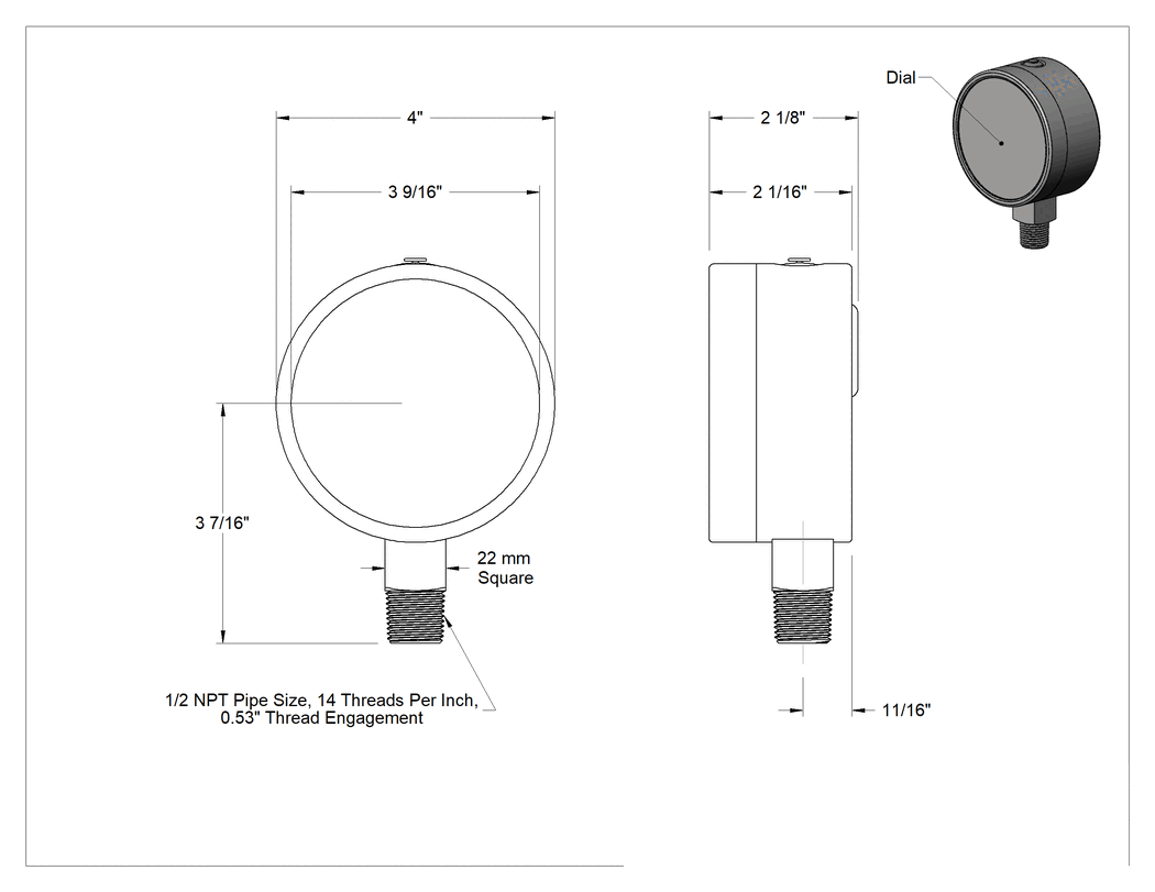 Teknik Çizim - Paslanma ve Aşınmaya Dayanıklı Ölçer, Bileşik, 4" Kadran, 1/2 NPT Erkek Alt Bağlantı, 0 ila 15 PSI