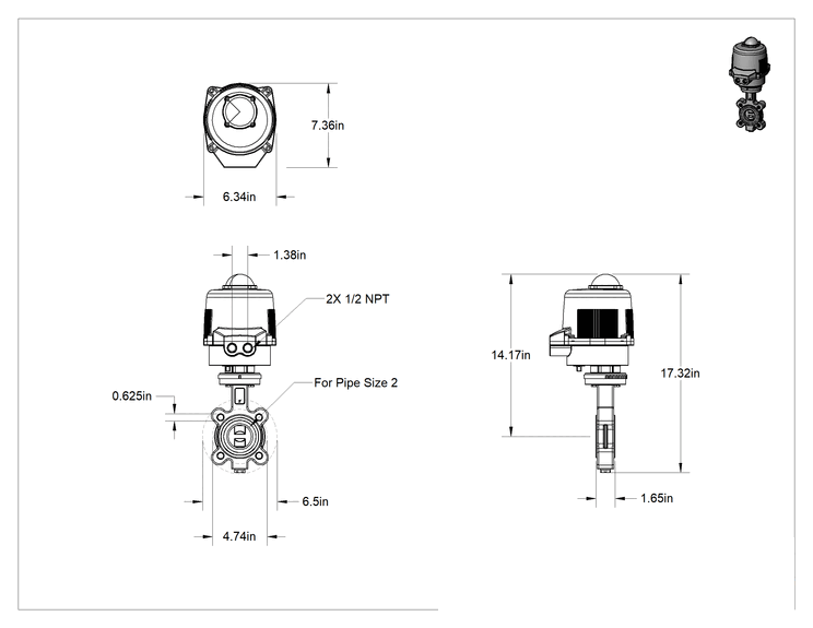 Teknik Çizim - Flanşlı Motor Tahrikli Açma/Kapama Vanası, 24V AC/DC, 2 Boru Boyutu