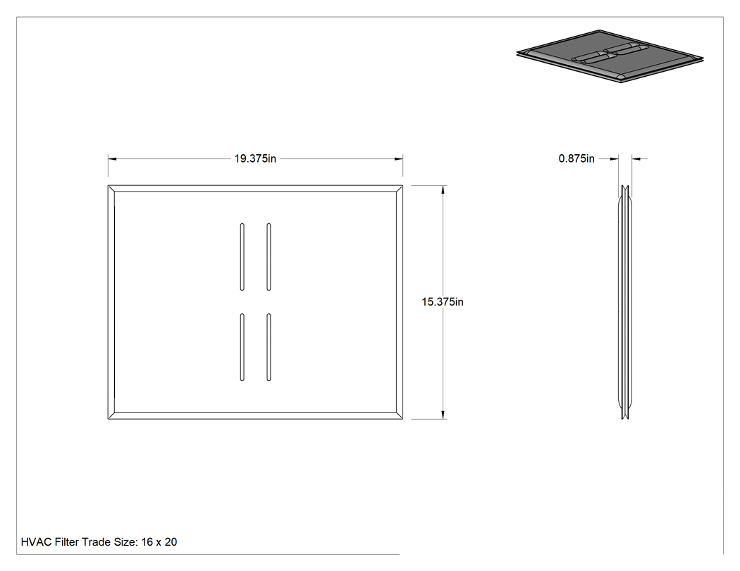 Teknik Çizim - Sıkı Oturan Panel Hava Filtresi, 1" Kalınlık, 16 x 20 Anma Ölçüsü, MERV 8