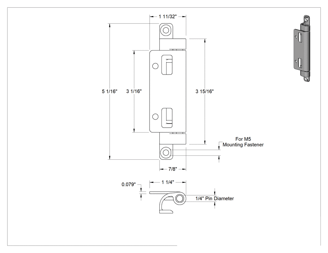 Teknik Çizim - Temiz Oda Menteşesi, Hızlı Bağlantı Pimi, 316 Paslanmaz Çelik, 3-1/16" x 1-1/4" Kapı Kanadı