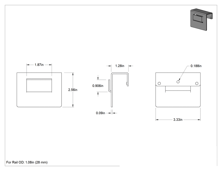 Teknik Çizim - 1.08" Dış Çaplı Kelepçeli Çerçeve Rayı için 3-5/16" Uzunlukta Vidalı Kutu Tutucu