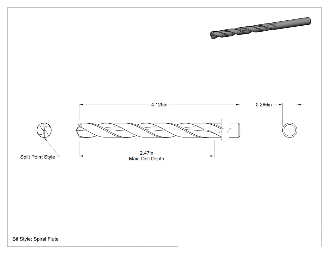 Teknik Çizim - TiN Kaplı Yüksek Hız Çeliği Matkap Ucu, Jobber, H Uç Ölçüsü, 4-1/8" Toplam Uzunluk