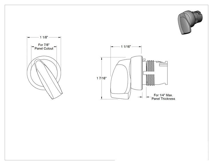 Teknik Çizim - 1-7/16" Uzunlukta Kol, 2 Konum, Anlık, 22 mm Metal Panel Montajlı Anahtar için
