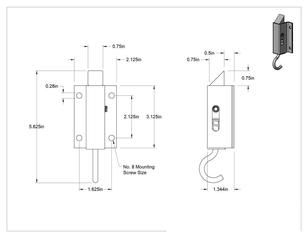 Teknik Çizim - Yaylı Kayar Cıvata Mandalı, Kanca Çekmeli, Ofset Cıvatalı, 3/4" Çıkıntı