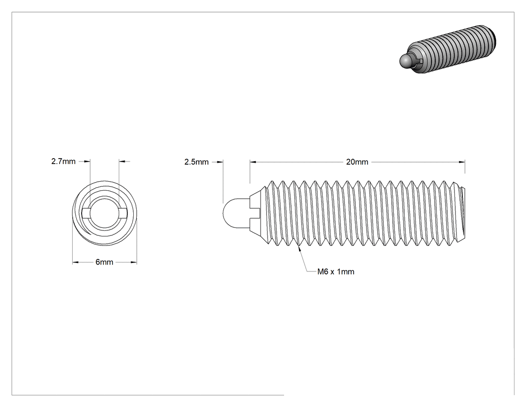 Teknik Çizim - Çelik Burunlu Uzun Burunlu Yaylı İtici, Siyah Oksit Çelik Gövde, M6x1, 1.6-4.5 lb. Burun Kuvveti