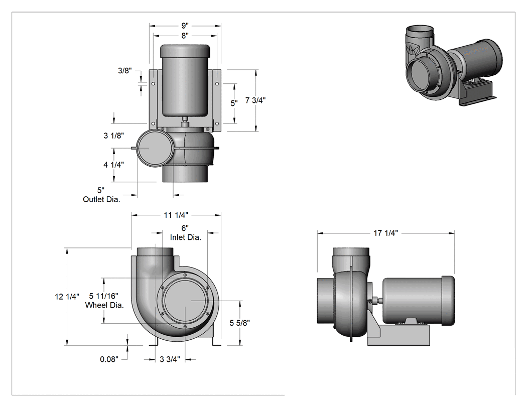 Teknik Çizim - Kimyasallara Dayanıklı Üfleyici, Yuvarlak Çıkışlı, 185 CFM @ 1/2 inç Su