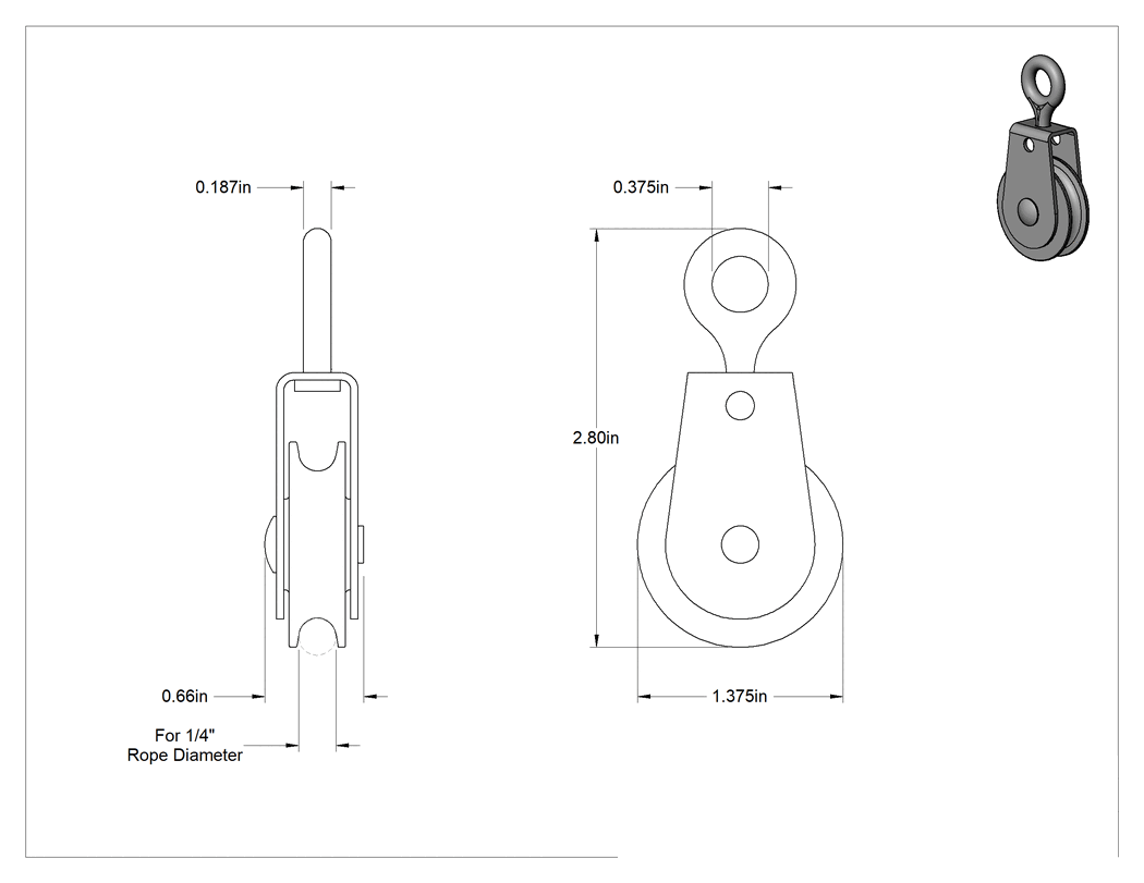 Teknik Çizim - Tel Halat için Asılabilir Kasnaklar — Yatay Çekme için, Tek Oluklu, Döner Halka, 1/4" Çaplı Halat için