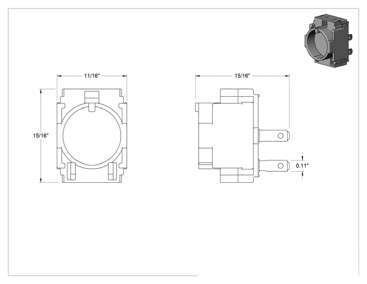 Teknik Çizim - Kontak Bloğu, 1 Devre, 16 mm Panel Montajlı Plastik Anahtar için