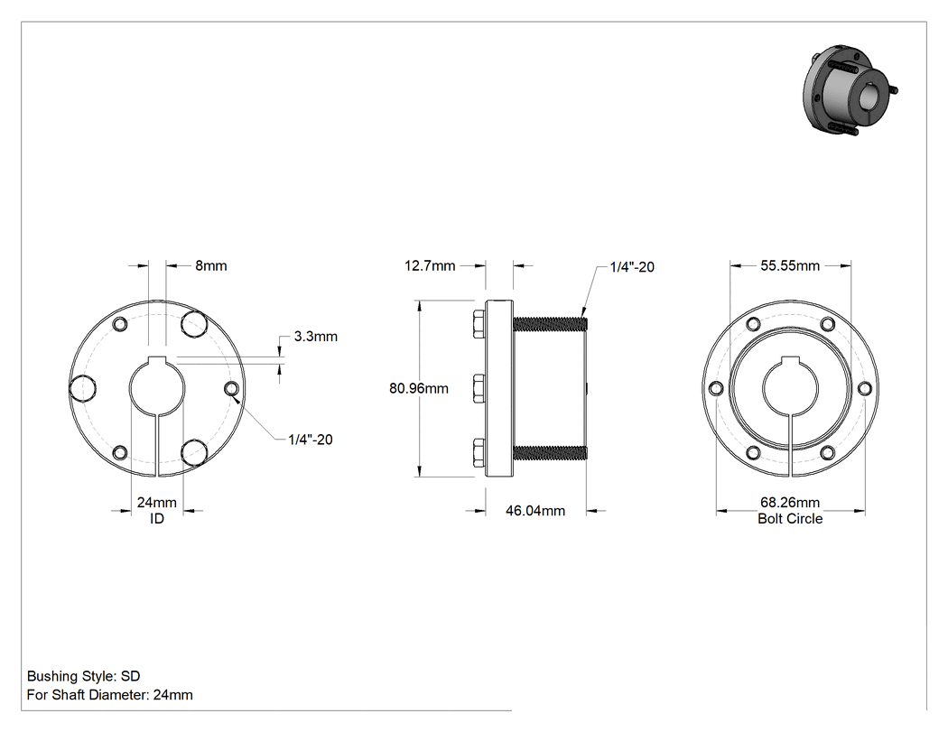 Teknik Çizim - Hızlı Bağlantı Burcu, Kelepçeli, SD Stili, 24 mm Mil Çapı için