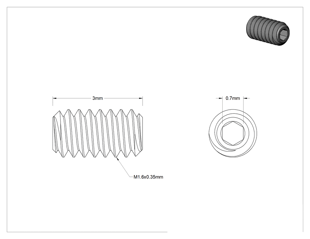 Teknik Çizim - Alaşımlı Çelik Düz Uçlu Setskur, M1.6 x 0.35 mm Diş, 3 mm Uzunluk