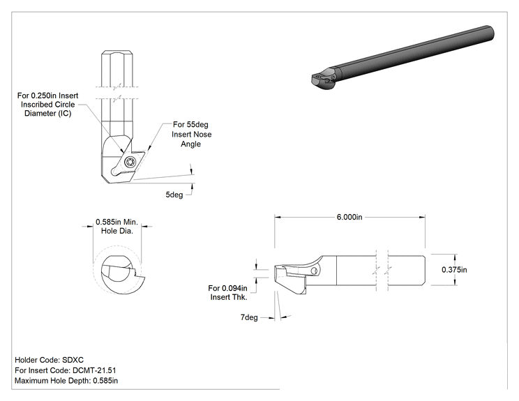 Teknik Çizim - Delik Açma Karbür Uç Tutucu, Kod Sdxc, Sağ Yönlü, 3/8" Şaft Çapı, 6" Toplam Uzunluk
