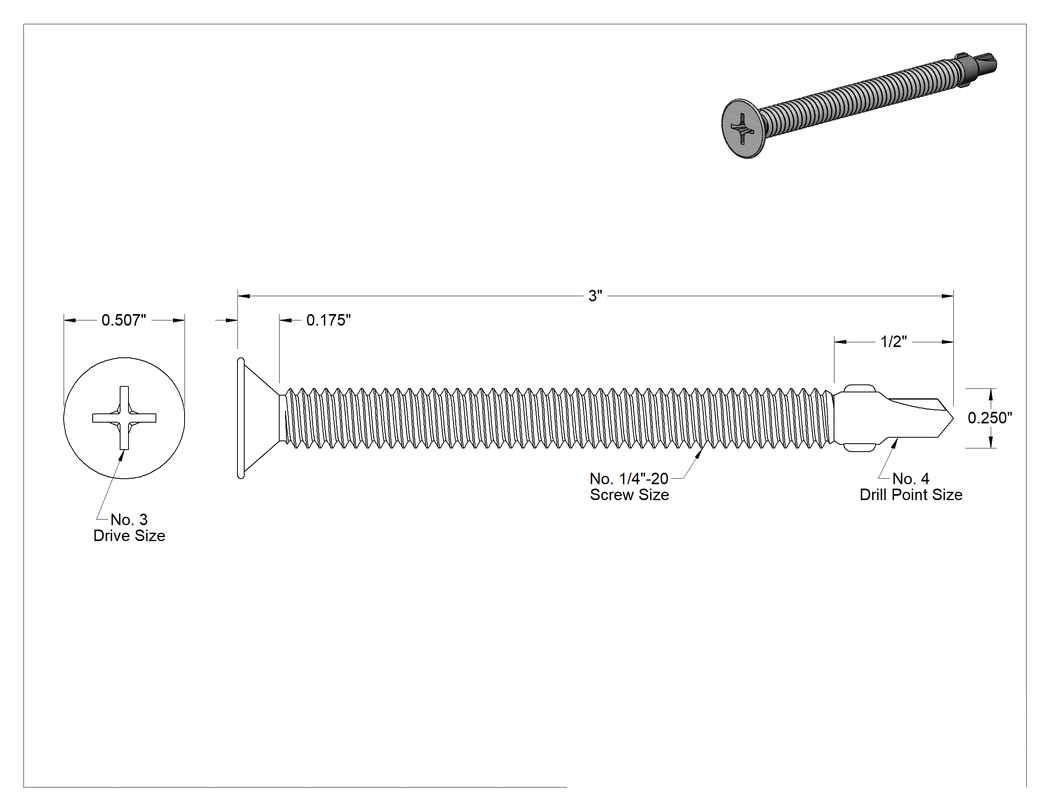Teknik Çizim - Ahşabı Metale Birleştirmek için Phillips Delme Vidaları, Paslanma ve Aşınmaya Dayanıklı Kaplamalı Çelik, 1/4" Boyut, 3" Uzunluk