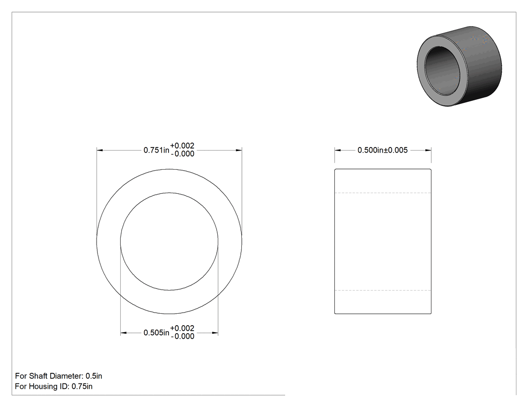 Teknik Çizim - Polyester Kumaş Takviyeli PTFE Burçlu Yatak, Kuru Çalışma, 1/2" Mil Çapı ve 3/4" Muhafaza İç Çapı için