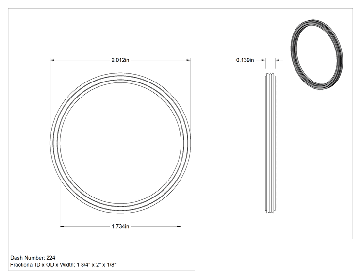 Teknik Çizim - Çift X-Profil Yağa Dayanıklı Buna-N O-Ring, 1/8 Kesirli Genişlik, Dash Numarası 224