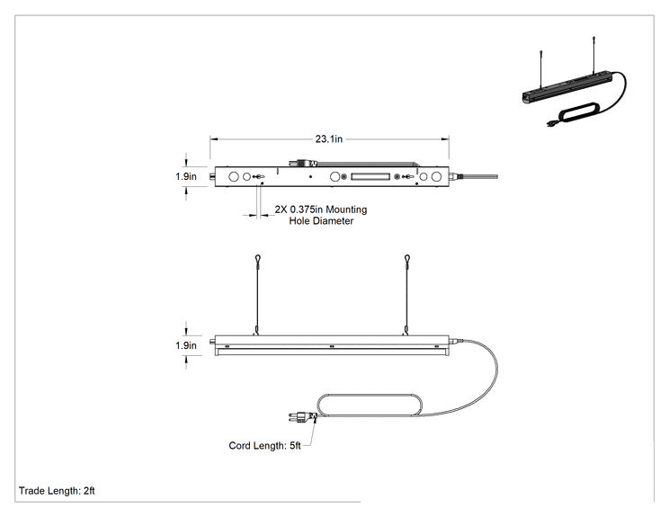 Teknik Çizim - Takılabilir Tavan Işığı, Tavana/Duvara Montaj, 23-1/8" Uzunluk x 1-7/8" Genişlik Toplam