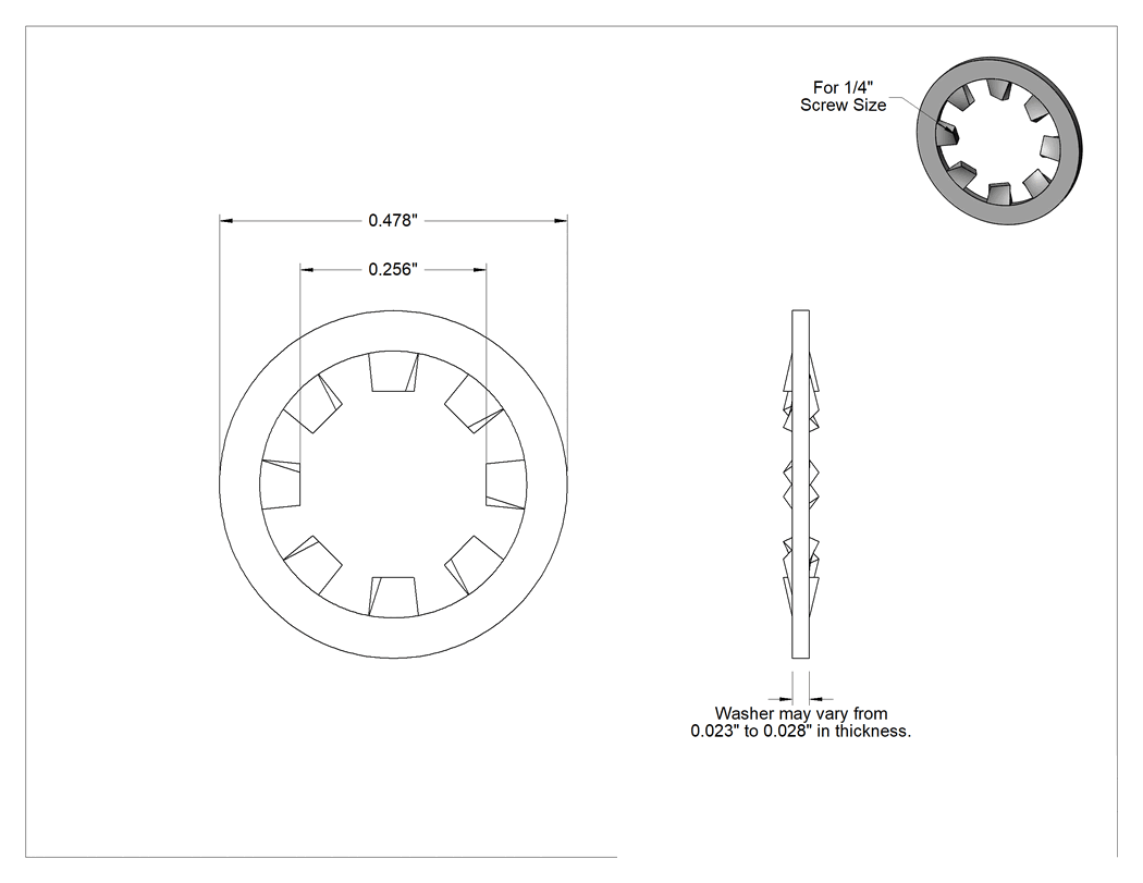 Teknik Çizim - Fosfor Bronz İç Dişli Kilit Pulları, 1/4" Vida Boyutu için, 0.256" İç Çap, 0.478" Dış Çap