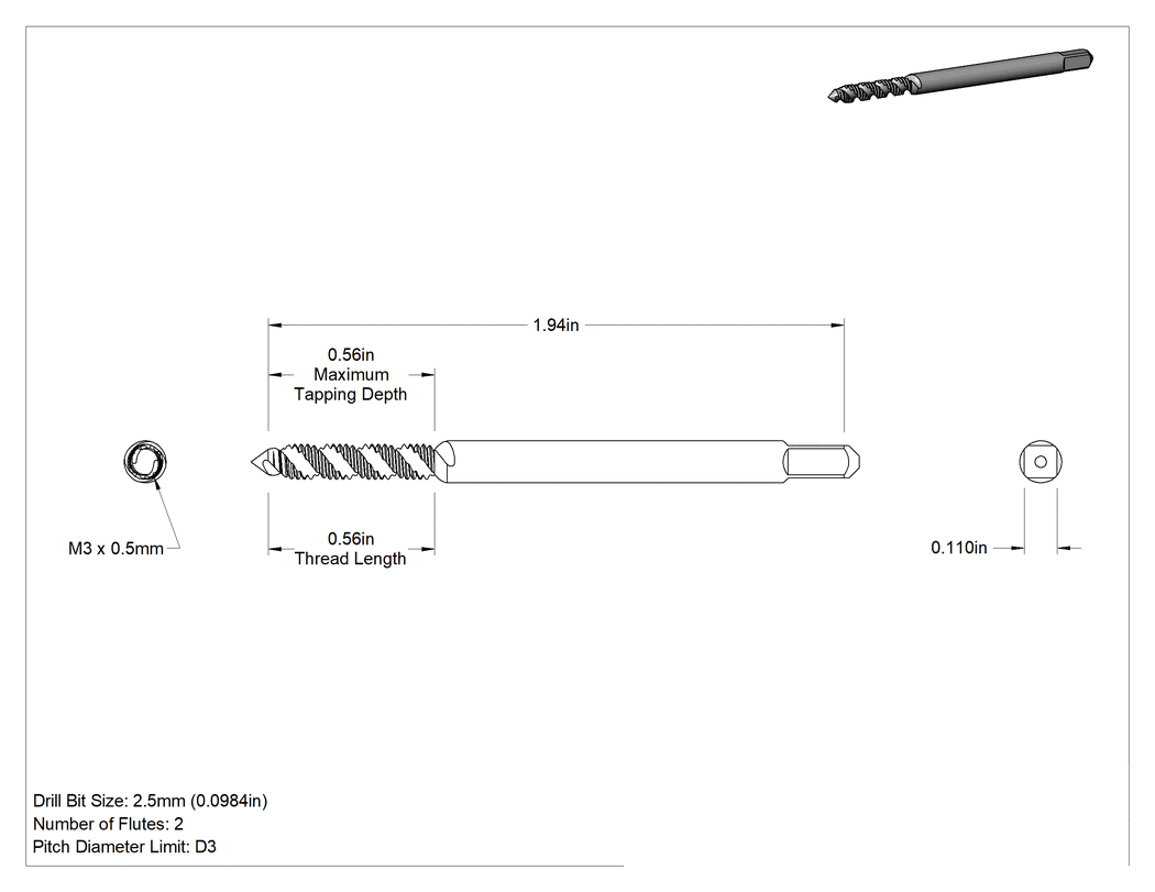 Teknik Çizim - Kör Delikler için Yüksek Hızlı Çelik Talaş Temizleme Koyma Ucu, Kaplamasız, Orta Ağız, M3 x 0.5 mm Diş Boyutu