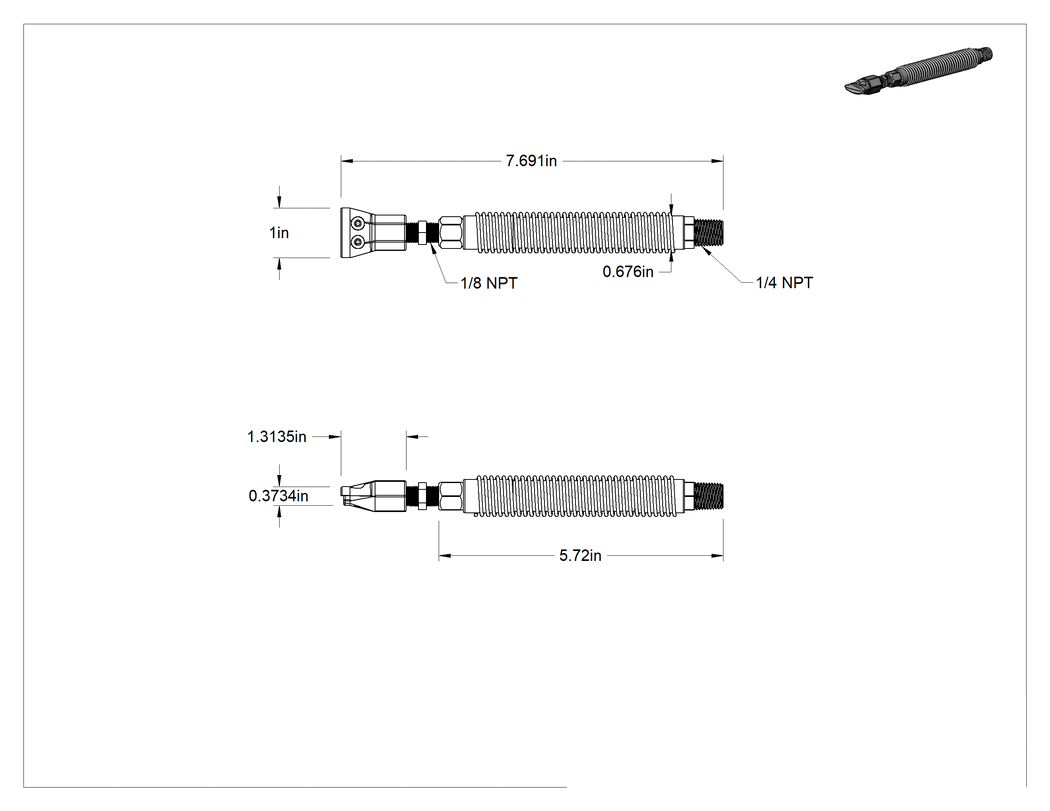 Teknik Çizim - Hava Nozulu, Wd-Hava Akışı Bük ve Sabitle, 316 Paslanmaz Çelik, 1/4 NPT Erkek, 6-3/4" Uzunluk