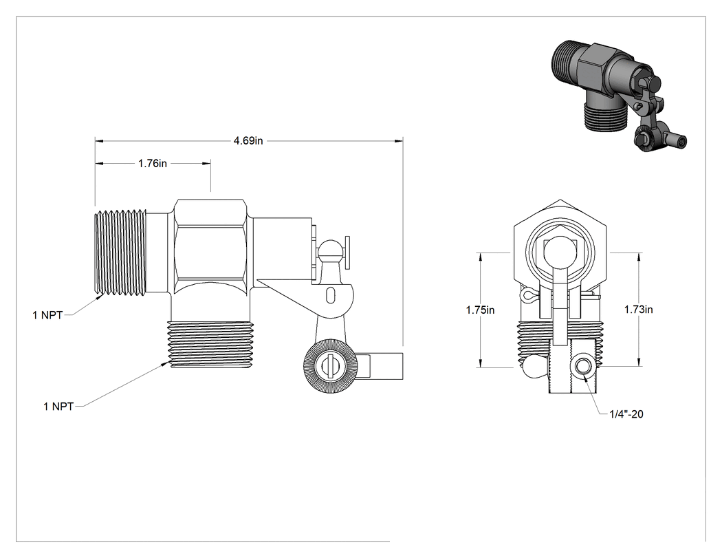 Teknik Çizim - Su için Şamandıralı Vana Gövdesi, Buna-N Contalı, Yivli Piston, 1 NPT Erkek