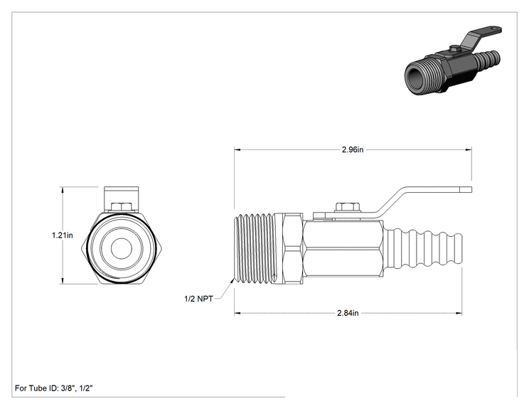 Teknik Çizim - Pirinç Gövdeli Açma/Kapama Vanası, Kol Tutacağı, 1/2 NPT Erkek x Konik Tırnaklı Bağlantı Parçası
