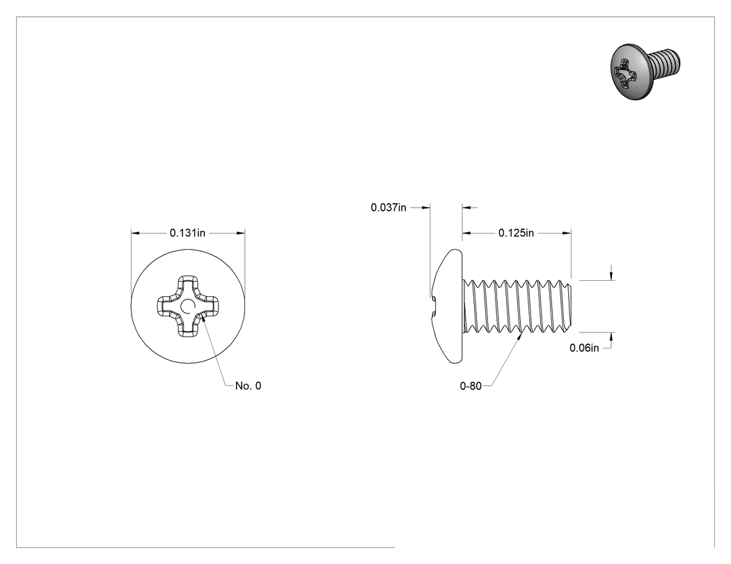 Teknik Çizim - 18-8 Paslanmaz Çelik Bombe Başlı Phillips Vida, 0-80 Diş Boyutu, 1/8" Uzunluk
