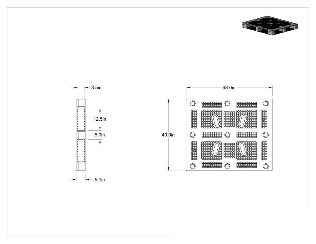 Teknik Çizim - İstiflenebilir Plastik Palet, Katı Yüzey, 40" Genişlik x 48" Derinlik x 5-1/8" Toplam Yükseklik