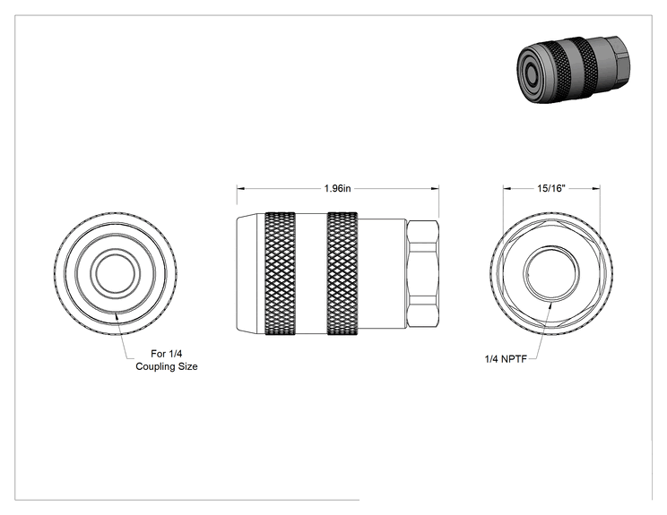 Teknik Çizim - Yüksek Basınçlı Minimum Sızıntılı Hızlı Ayrılabilir Hortum Bağlantısı, 1/4 Boyut, Çinko Kaplı Çelik Soket, 1/4 NPTF Dişi Uç