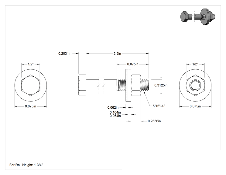 Teknik Çizim - Cıvatalı Çerçeve, Bağlantı Elemanı Seti, 1-5/8", 1-3/4" ve 1-7/8" Kare Raylar