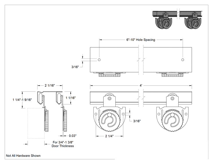 Teknik Çizim - Kapıları Geçmek için Makara Ray Seti, 60 lb. Kapasite, 4' Uzunluklu Ray