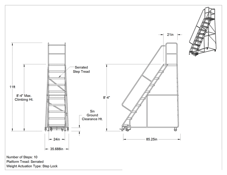 Teknik Çizim - Hafif Alüminyum Tekerlekli Platform Merdiveni, Tırtıklı Basamaklar, 11'10" Yükseklik x 36" Genişlik x 86" Derinlik Toplam