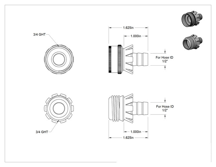 Teknik Çizim - Pirinç Tırnaklı Bahçe Hortumu Bağlantı Parçası, 1/2" Hortum İç Çapı x 3/4 GHT için Kavrama Tırnaklı Adaptörler