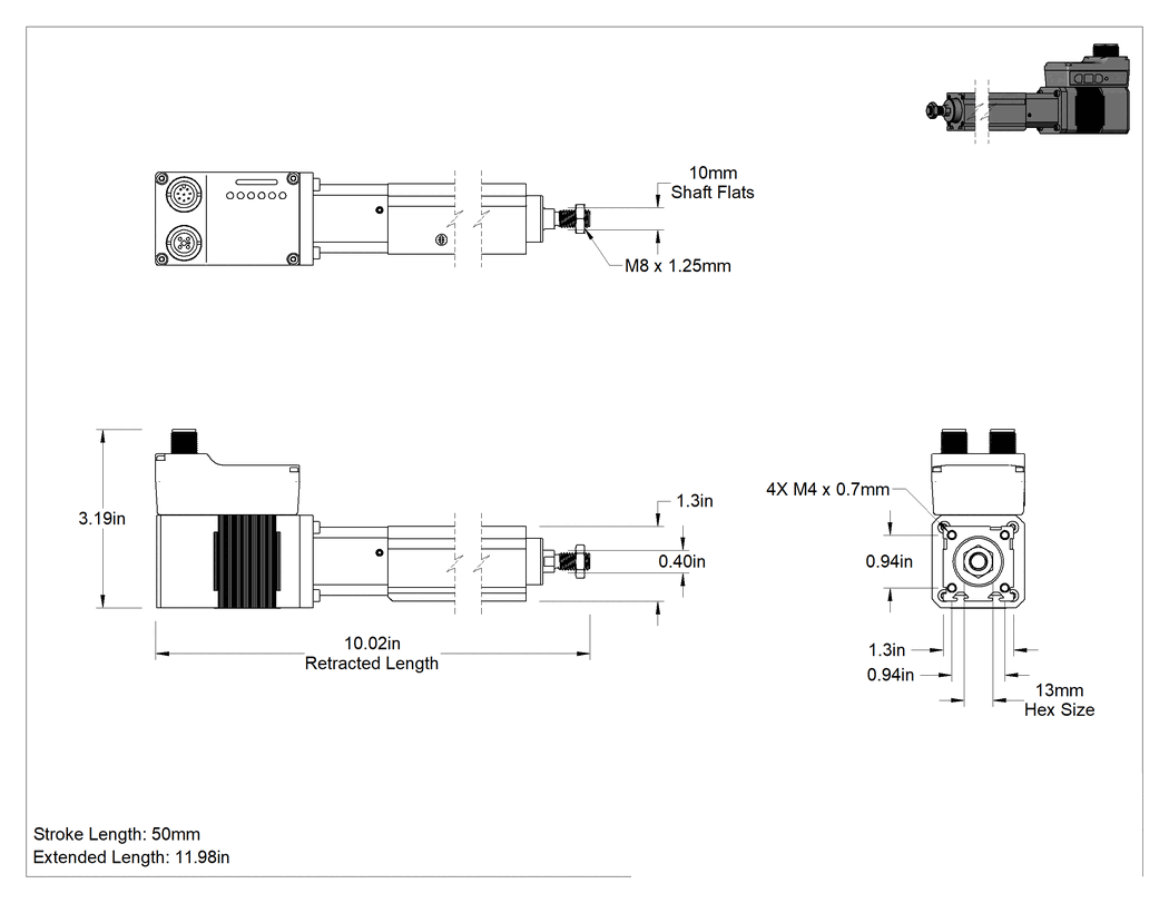 Teknik Çizim - Otomatik Kontrollü Elektrikli Aktüatör, 15 lbs Çekme/İtme Yük Kapasitesi, 50 mm Strok Uzunluğu