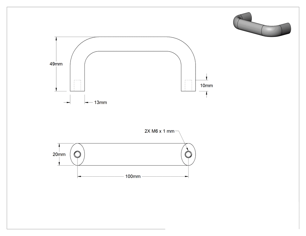 Teknik Çizim - Oval Çekme Kolu, Dişli Delik, Siyah Alüminyum, 100 mm Merkezden Merkeze Genişlik