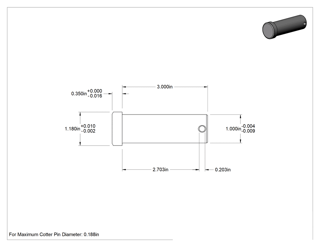 Teknik Çizim - 1018 Çelik Çatal Pim, 1" Çap, 2-11/16" Kullanılabilir Uzunluk