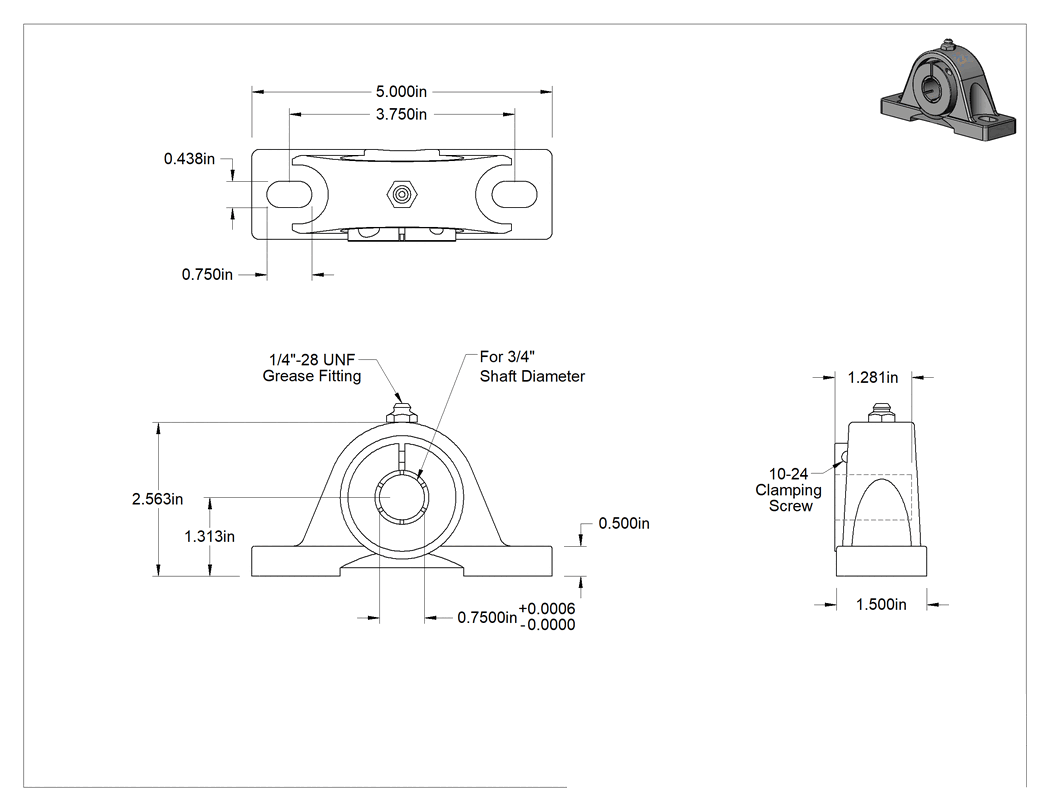 Teknik Çizim - Kelepçeli Monte Edilmiş Bilyalı Rulman, Sızdırmaz, 3/4" Mil Çapı için
