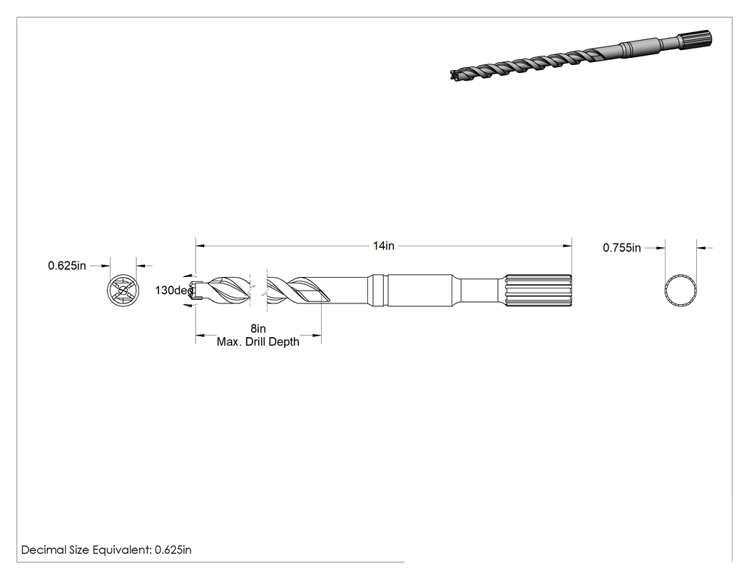 Teknik Çizim - Yivli Şaftlı Duvar Delme Ucu, Döner Çekiçler için, Çok Noktalı, 5/8" Boyut, 14" Uzunluk