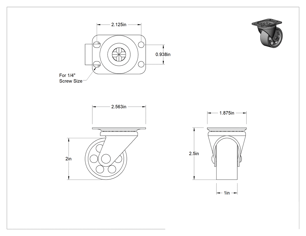 Teknik Çizim - Cart-Smart Tekerlek, 2 inç Çapında Metal Tekerlekli Döner Ayak