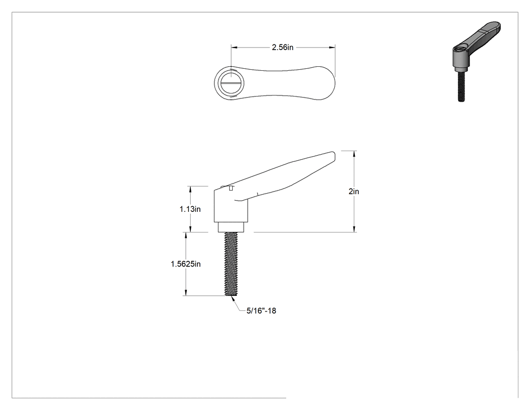 Teknik Çizim - Rahat Tutuşlu Naylon Ayarlanabilir Tutamak, 5/16"-18 dişli 1-9/16" uzunluğunda saplamalı