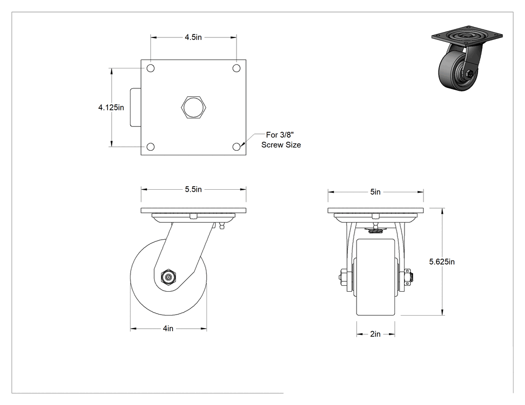 Teknik Çizim - 5-1/2" x 5" Plakalı Yüksek Kapasiteli Spartan Tekerlek, Açık Rulmanlı ve 4 inç Çapında Fenolik Tekerlekli Döner Tekerlek