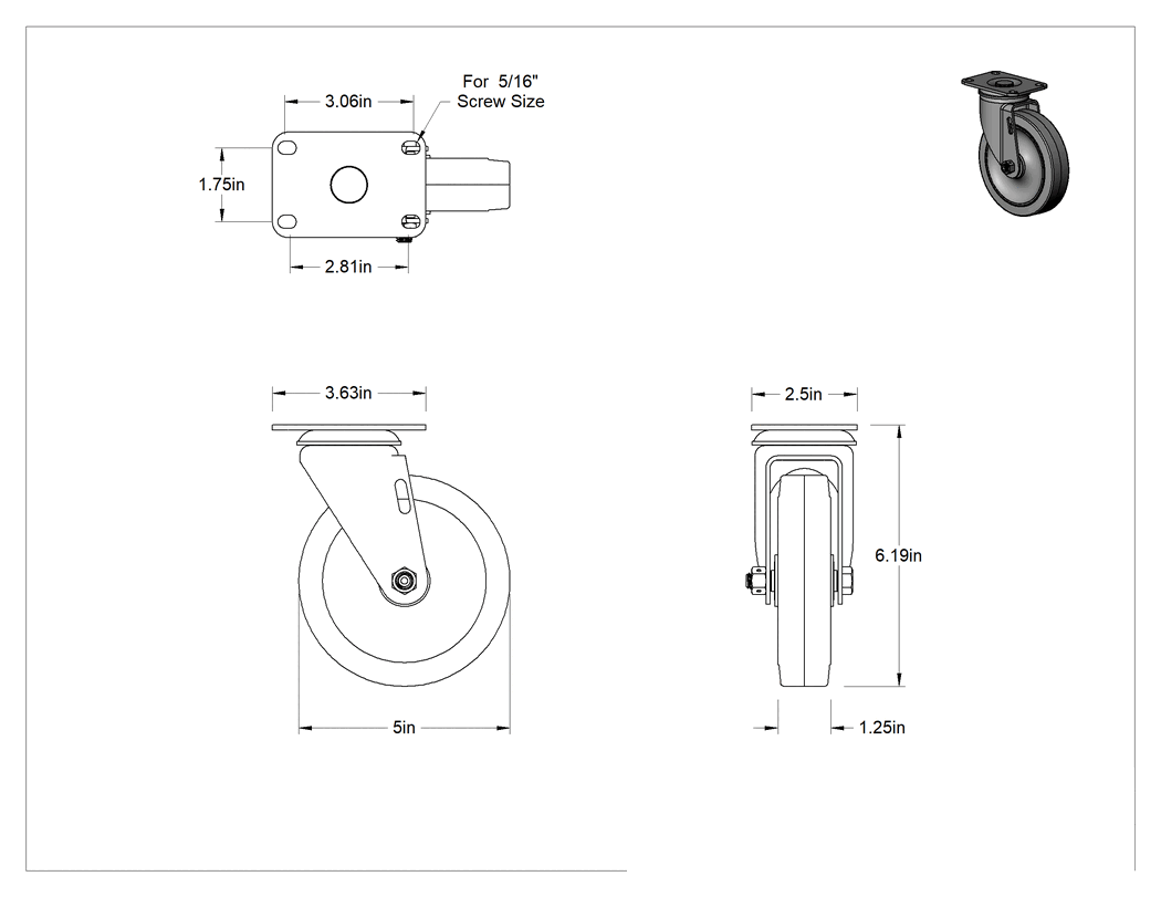 Teknik Çizim - Statik Kontrol Plakalı Tekerlek, 5" Çaplı Gri Kauçuk Tekerlekli Döner