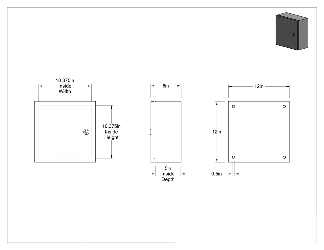 Teknik Çizim - Kontrollü Erişimli Su Geçirmez Muhafaza, 304 Paslanmaz Çelik, 12" Genişlik x 12" Yükseklik x 6" Derinlik