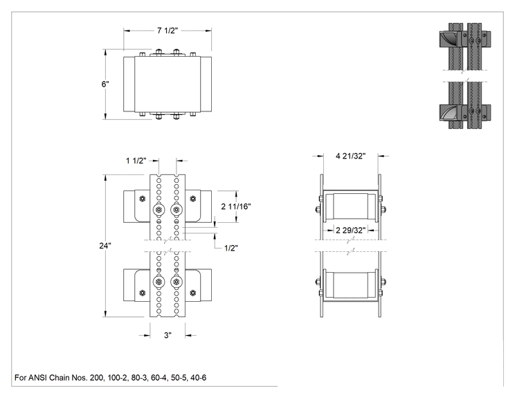 Teknik Çizim - Yüzer Makaralı Zincir Gergisi, ANSI 100-2 için, 200, 40-6, 50-5, 60-4 ve 80-3, UHMW