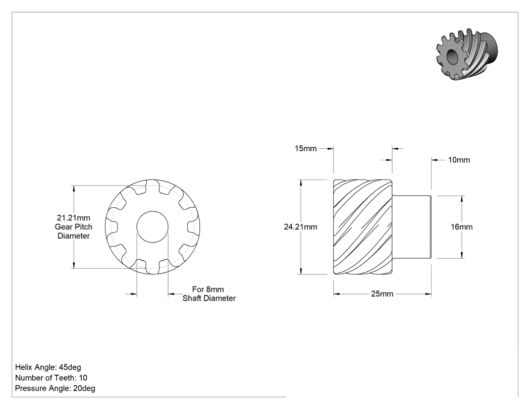 Teknik Çizim - Yüksek Güçlü Metal Dişli, Çapraz, 1045 Karbon Çelik, 1.5 Modül, 10 Diş, Sol Yönlü